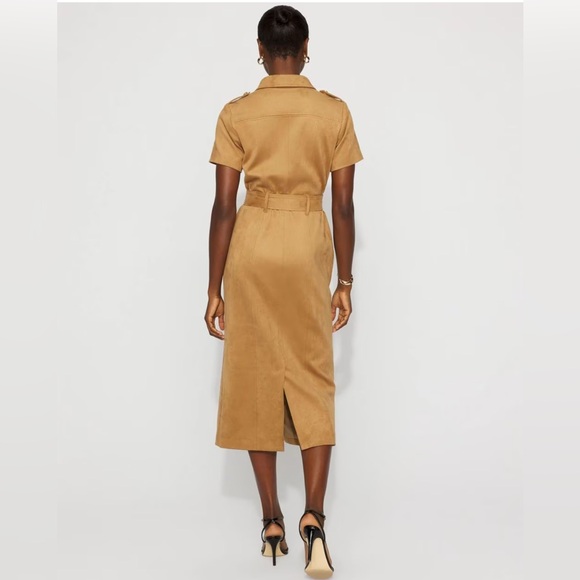 White House Black Market Faux Suede Shirt Dress- Soft Camel- Midi - Picture 2 of 5